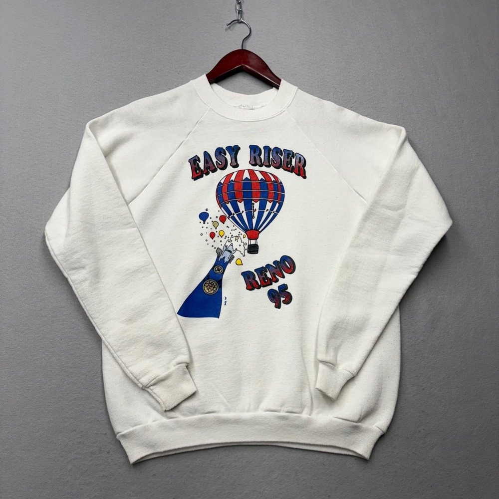 Vintage Sweatshirt Unisex L White Easy Riser Reno 95 Hot Air Balloon Graphic 80s